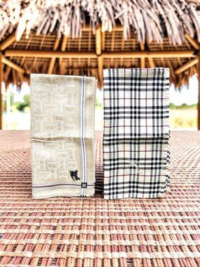 (2) Men Burberrys Handkerchief 18" Cotton Beige Gold Gray Black Nova Check (95